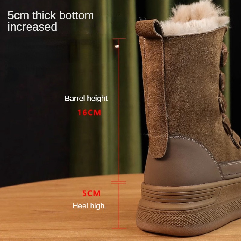 Fashion British Style Winter Nubuck Snow Boots Women's Thick Sole Plush Fur Warm Shoes Round Head Cross-tied Short Ankle Booties 6147