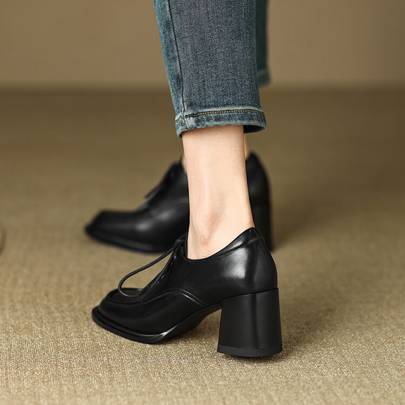 Spring 2023 Loafers Split Leather Pumps Round Toe Square Casual High Heel Women Lace-up New Shoes 0320