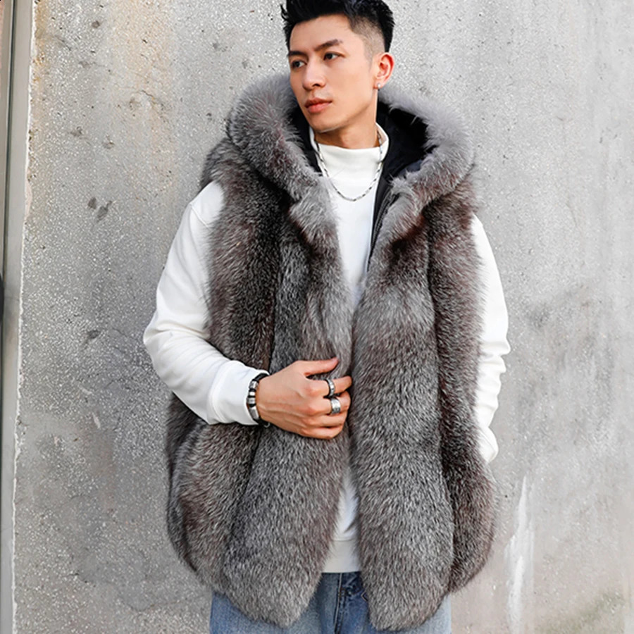 Mens Fox Fur Coat Warm Winter Fur Vest With Hood Real Fox Fur Jacket Fashion Selling 240905