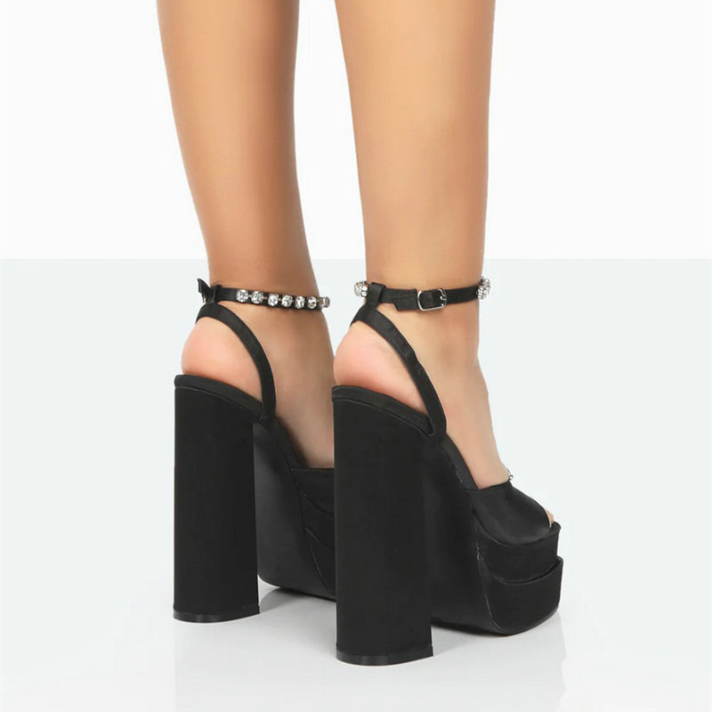 New 2024 Brand Summer Sexy Women's Sandals Black Rhinstone Strap Thick High Heel Platform Shoes atos Mujer New Ladies b154