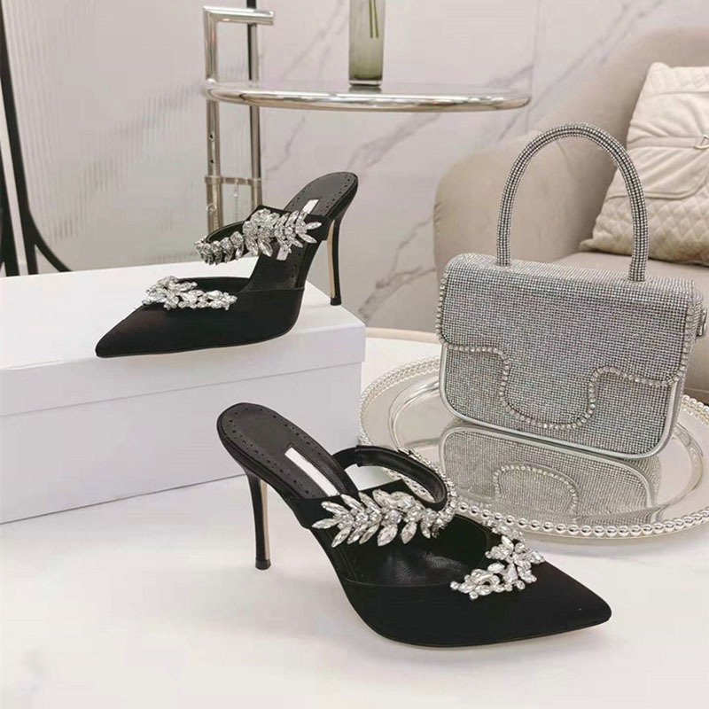 Crystal Slipper Mueller Shallow Mouth Pointed Silk Rhine-drill High White Slender Heels Wedding Shoes