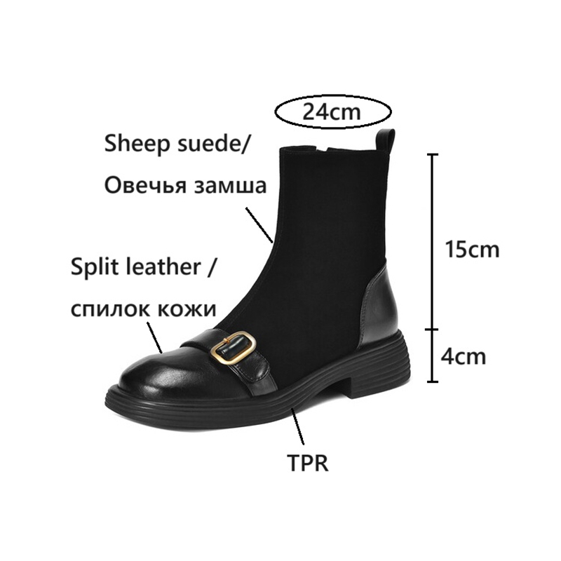 Autumn NEW Split for Women Round Toe Chunky Heel Shoes Zip Belt Buckle Sheep Suede Leather Boots 649f