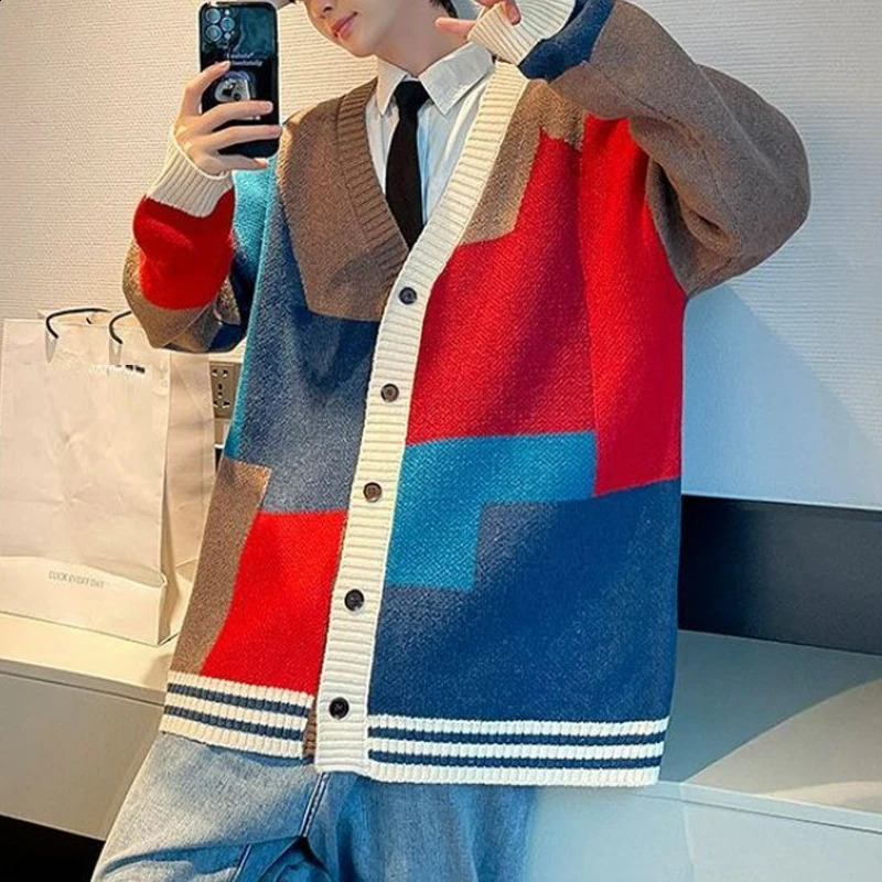 Men Korean Fashion Contrast Color Streetwear Oversize Single Breasted Knitted Cardigan Y2K Youth V Neck Long Sleeve Sweater Coat 240913