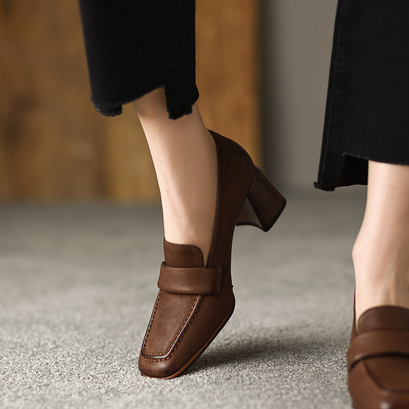 2025 new Spring/Autumn Square Toe High Heels Sheep Skin Chunky Heel Pumps Slip-on Solid Colors Shoes for Women 2a65