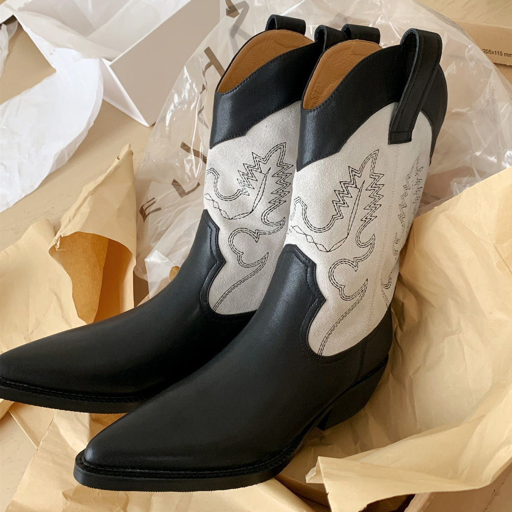 women's danxuefei genuine leather patchwork embroidery retro western mid-calf pointed toe 4.5cm thick med heel half boots af9b