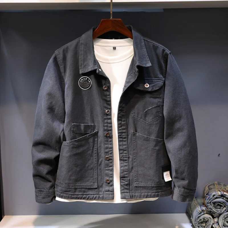 2024S printed and automatic denim jacket mens plus size loose collar fashionable street Japanese style workwear solid color casual top W240914