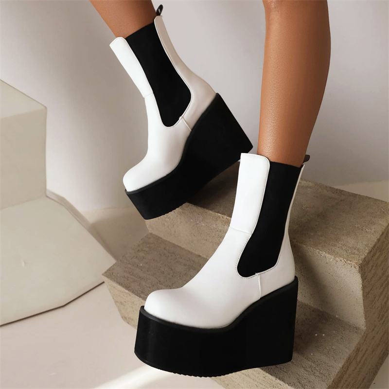 Ankle Platform Boots For Women Shoe Black White Wedges High Heels Goth Boot Casual Autumn Winter Shoes Female Waterproof d371 s