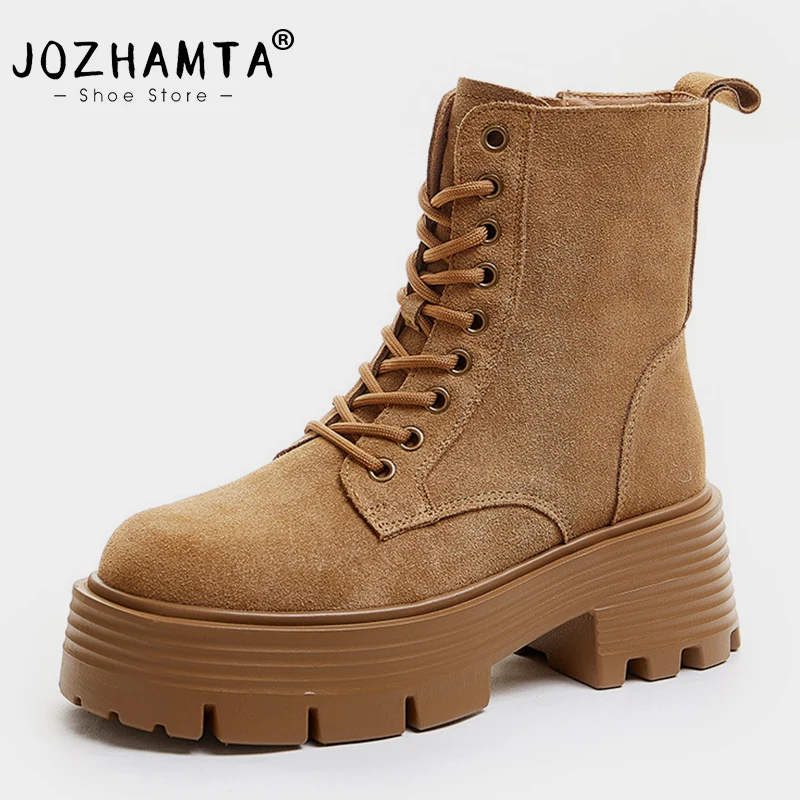 JOZHAMTA Size 34-41 Ankle Suede Thick High Heels Winter Shoes For Women Lace-Up 2025 Fashion Zipper Platform Boots