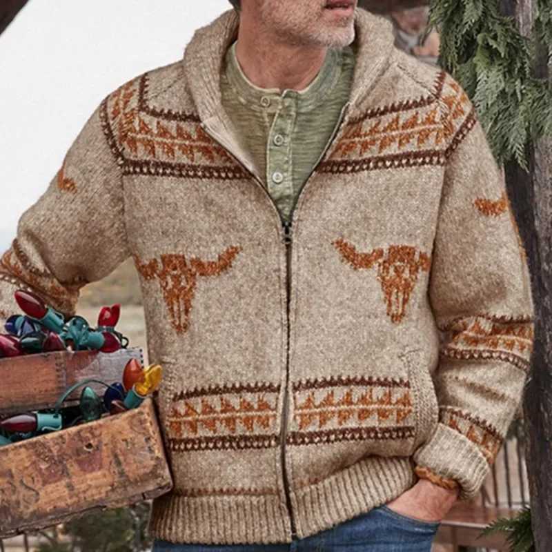 New Mens Casual Sweater Cow Head Jacquard Zipper Knitted Sweater Jacket for Autumn and Winter Thick Needle Sweater for MenXJ240907