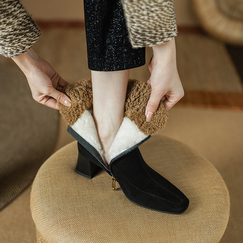 Winter NEW Sheep Suede Leather for Women Square Toe Chunky Heel Shoes Zip Modern Black Wool Warm Boots c8fb