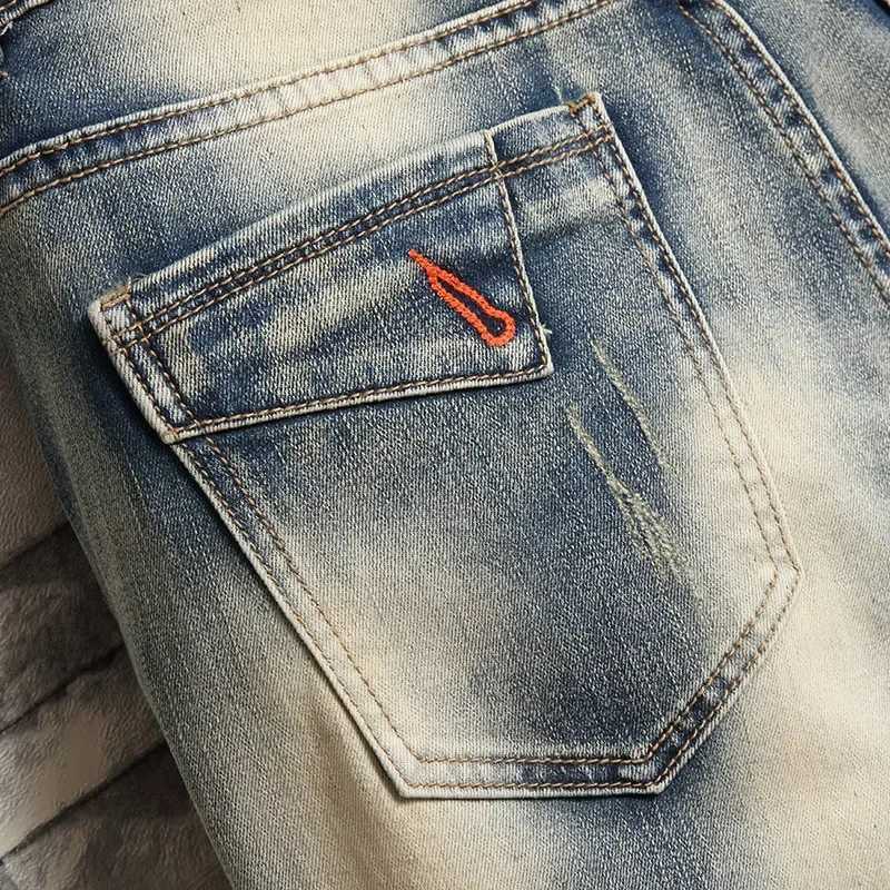 Summer New Mens Fashion Stretch Denim Shorts Retro High Street Style Old Slim Fit Short Jeans Splicing Design 98% Cotton BrandX240914