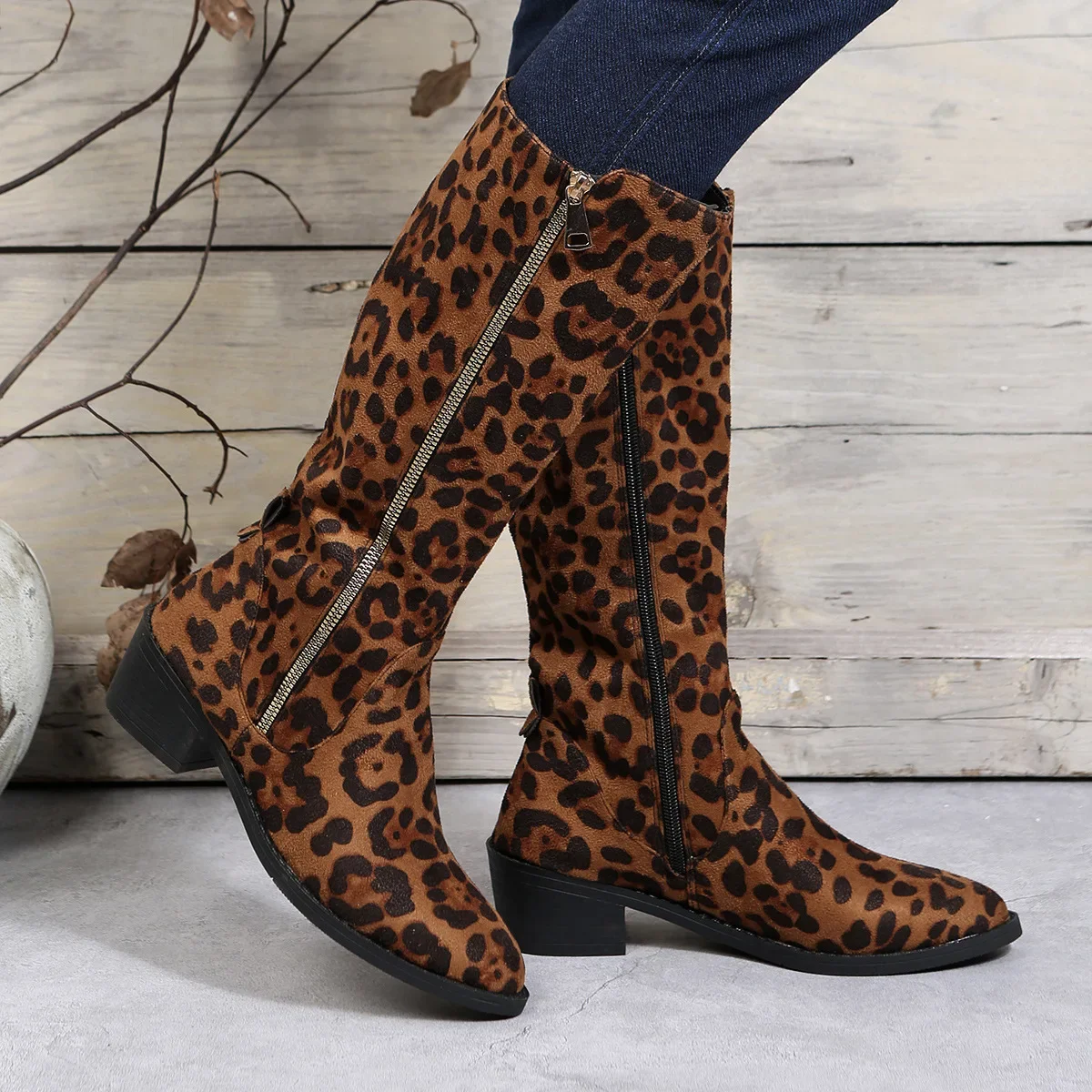 Brown Leopard High Platform Shoes for Women Autumn Winter Sexy Mid-calf Cowboy Riding Boots Botas Mujer 2024