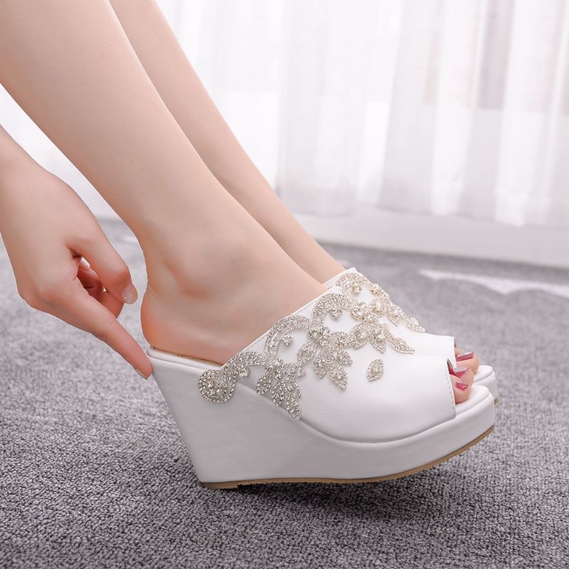 2025 new Heels High For Peep Toe Rhie Slip On Platform 10CM Wedges Fashion Dress Sandals Women Shoes White Slippers bb84 pers