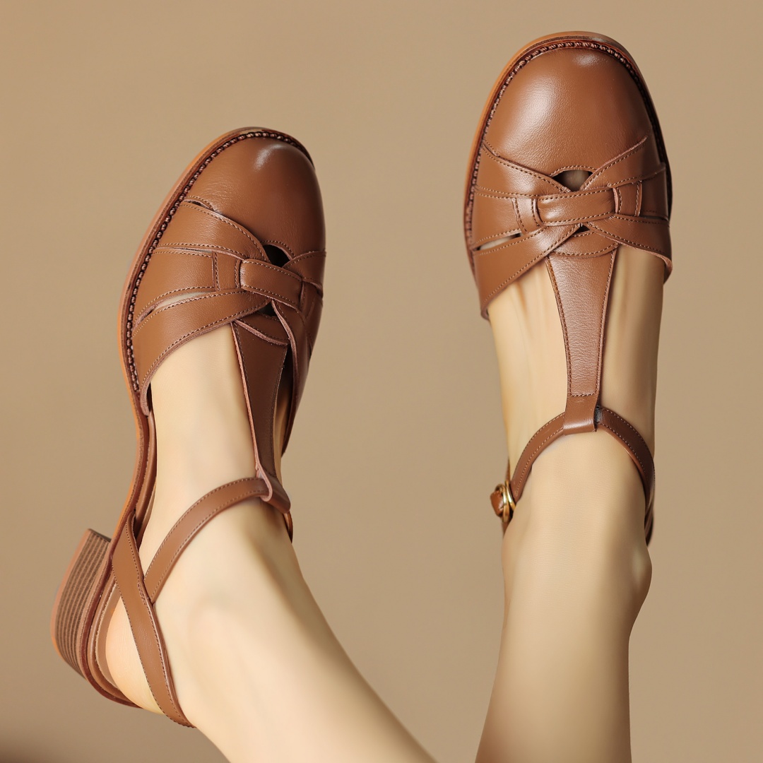 genuine Women's leather narrow band braided t-strap sandals 4cm thick med heel round toe New cage casual female summer shoes woman d152