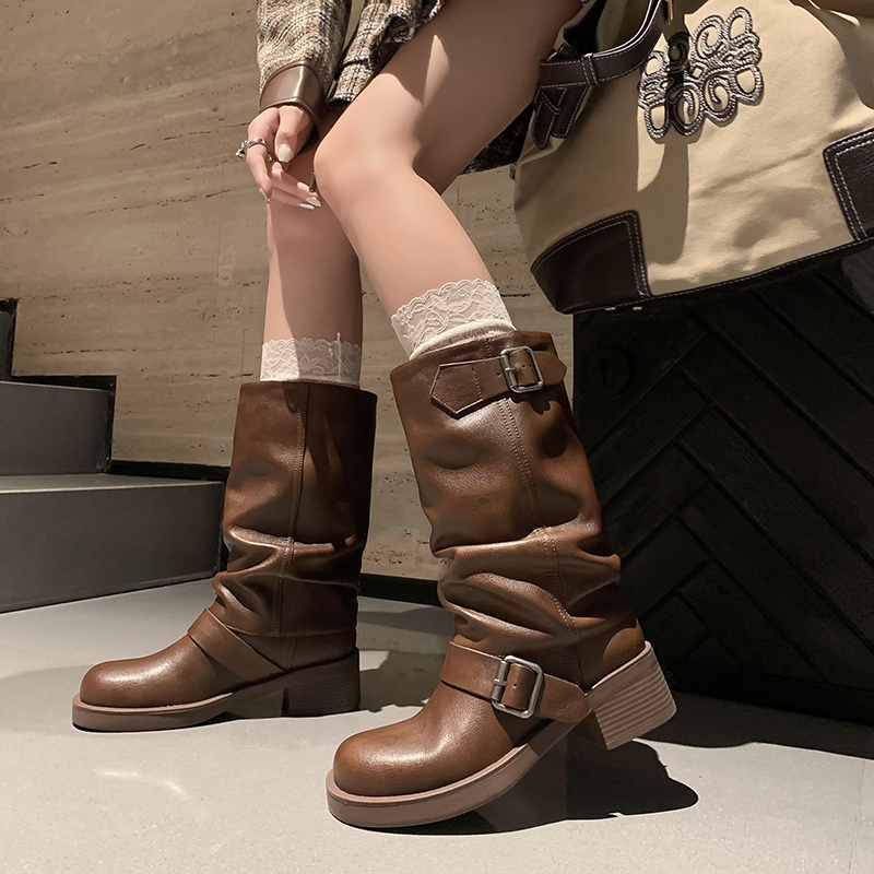 2024 New Autumn/Winter Women Boots Platform Heel Round Toe Chunky Heels Women Shoes Western Boots Mid-calf Genuine Leather
