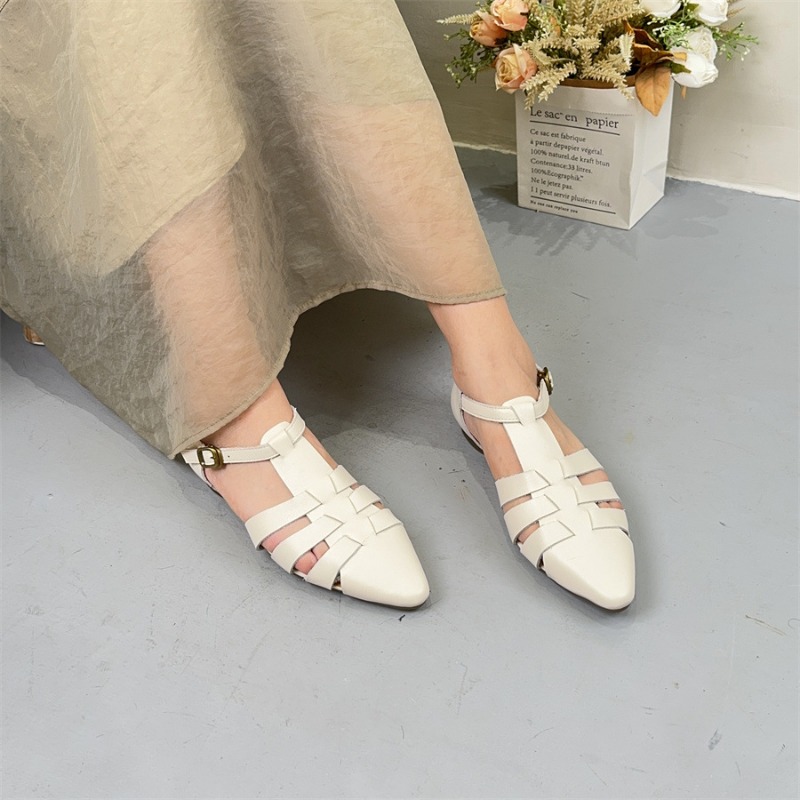 Koznoy 1.5cm Weave Genuine Leather Moccasins Women Soft Soled Rubber Flats Sandals Point Toe Buckle Leisure Shallow Summer Shoes