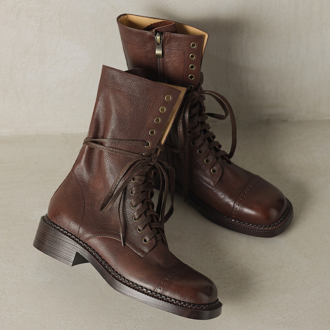 2024 danxuefei autumn/winter new women's cow leather lace-up mid-calf motorcycle square toe high quality soft half boots dd38