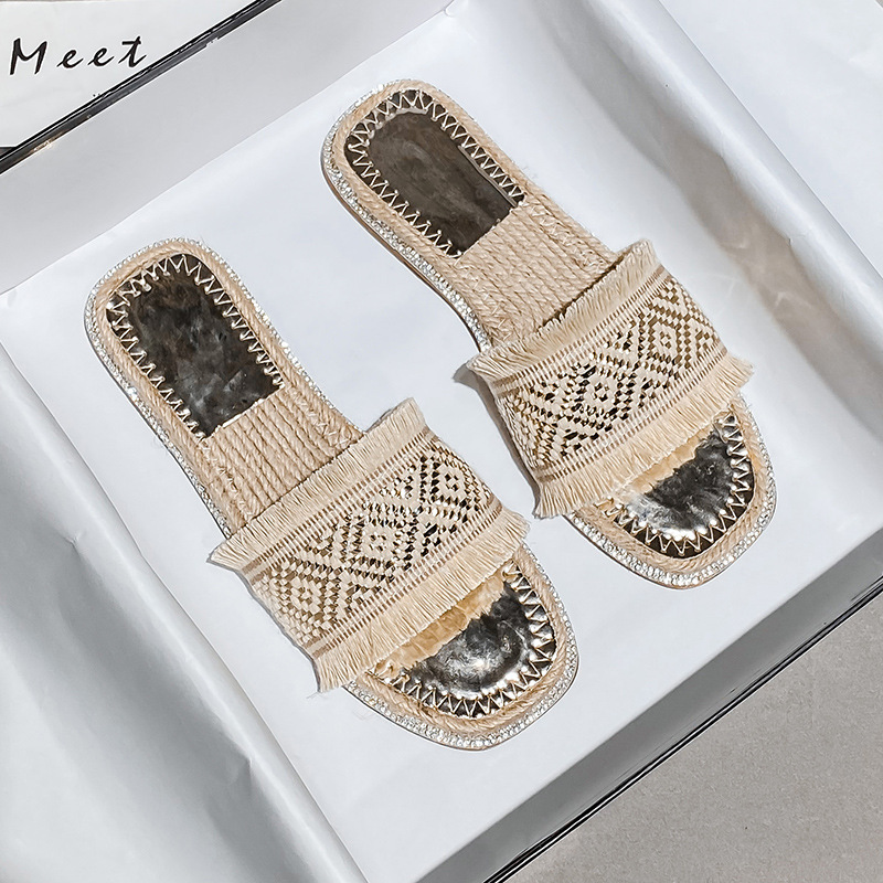 embroider knitting canvas slippers women bohemian fringe flip flops beach shoes woman straw bottom tassel sandalias mujer size43