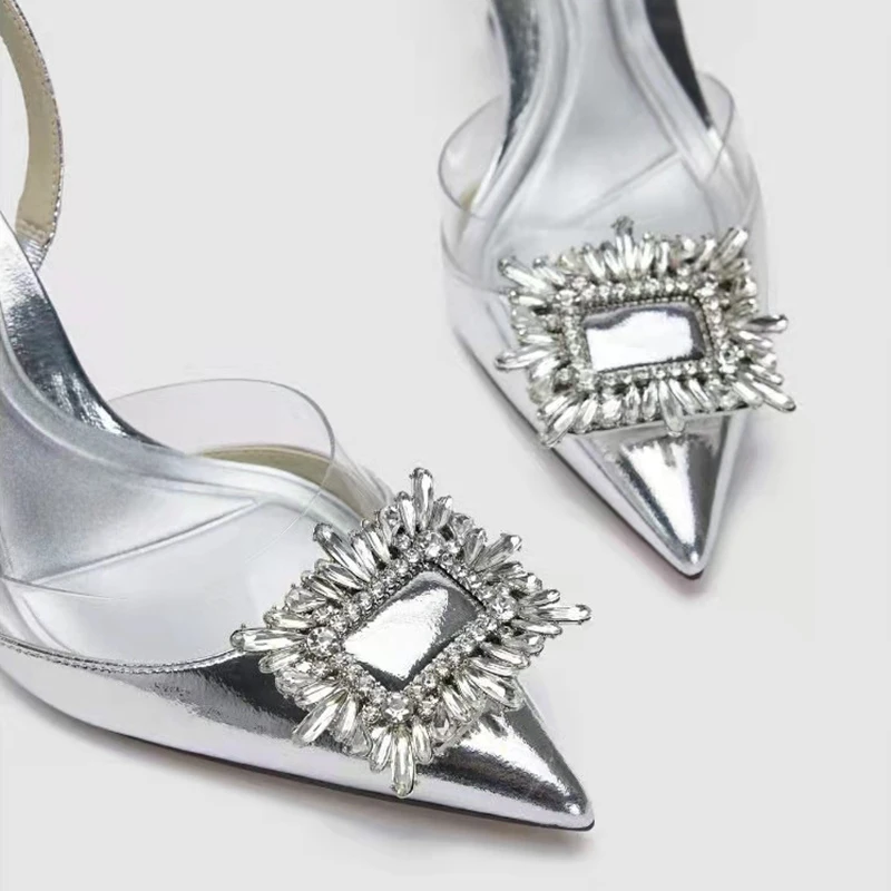 Brand Designer Silver High Heels Sandals 2024 Summer Crystal Square Buckle Woman Pointed Toe Slingbacks Party Shoe