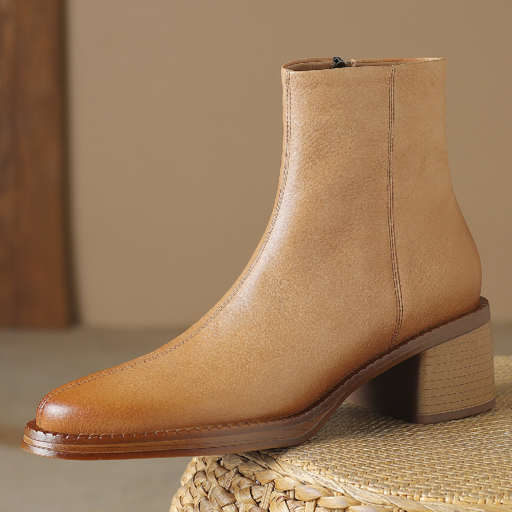 genuine Women's leather 5cm thick med heel pointed toe side zip autumn ankle boots elegant ladies black slim short booties shoes cdeb