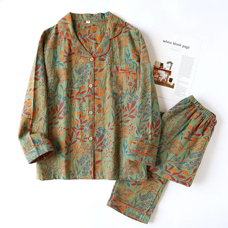 Vintage Womens Pajamas Cotton Yarn Long Sleeve Pants Sleepwear Lapel Cardigan Home Clothes Soft Casual Set Woman 2 Pieces 240911