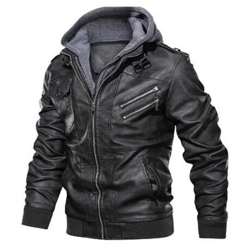 Men Hooded Leather Jackets Slim Casual Leather Coats New Fashion Male Street Wear Motorcycle Leather Jackets Hat Detachable 5XLX240913