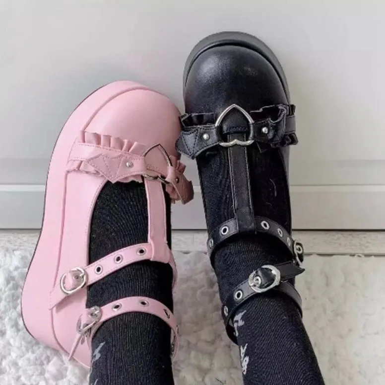 Sweet New Heart Buckle Wedges New Mary Quality Janes Women Pink T-Strap Chunky Platform Lolita Woman Punk Gothic Cosplay Shoes 43 C6d7