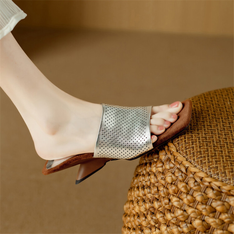 New Split Leather Summer Sandals Square Toe Slippers for Women Fashion Hollow Out Slippers Shoes Concise Silvery Ladies Shoes