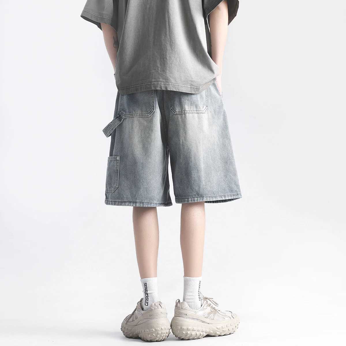 Patchwork Straight Casual Cargo Shorts Men Summer New Wide Leg Hip-hop Fashion Drawstring Youth Streetwear Denim ShortsX240914