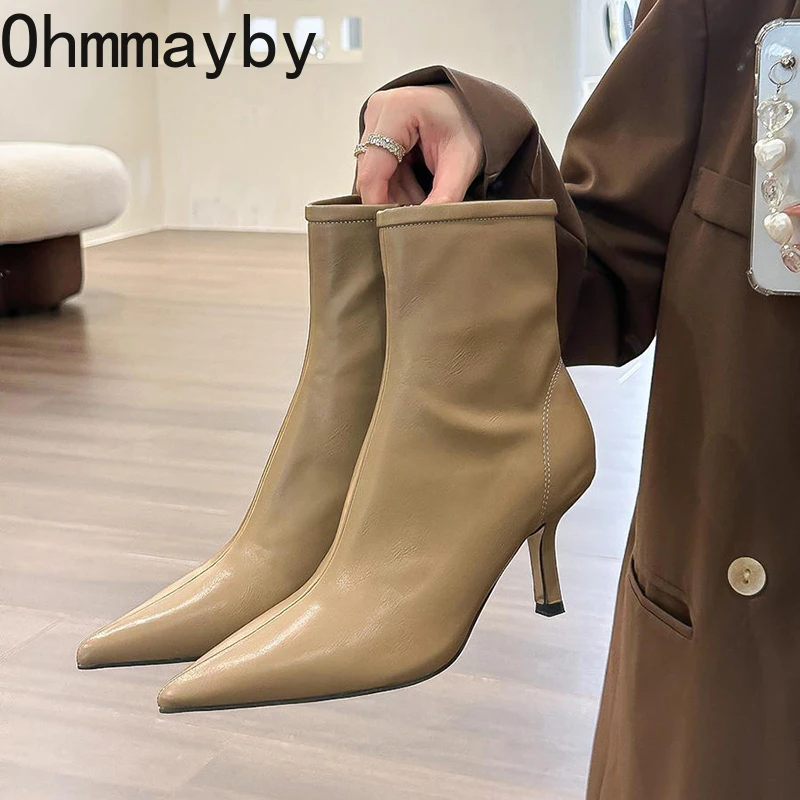 Toe Pointed Women Elastic Short Boots Fashion Side Zippers New Slim Ankle Booties High Heel 2024 New Autumn Winter Ladies Shoes 74f1