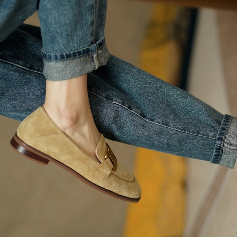 2024 New Spring Women Shoes Camel Buckle Casual Kid Suede Women Loafers Solid Low Heel Pumps Shoes for Women Moccasin Shoes