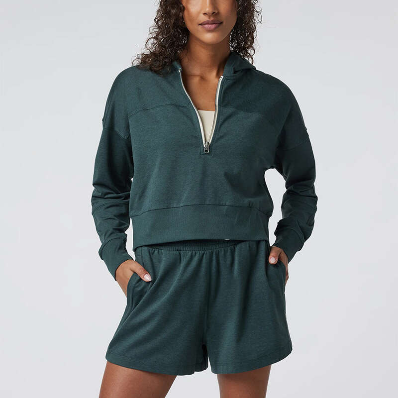 New Half Zipper Short Hoodie Loose Long Sleeve Sportswear Fitness Shorts Casual Sports Set