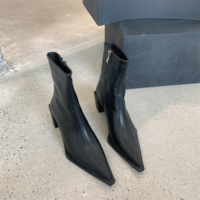 Female 2024 With Skinny Heel Pointed Side Zipper Leather Ankle Fashion Temperament Short Tube Boots 5365 9c45