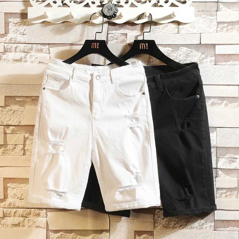 Shorts Male Jeans Men Jean Shorts Hole Bermuda Skate Board Harem Mens Jogger Ankle Ripped Wave Denim Shorts Black and WhiteX240914