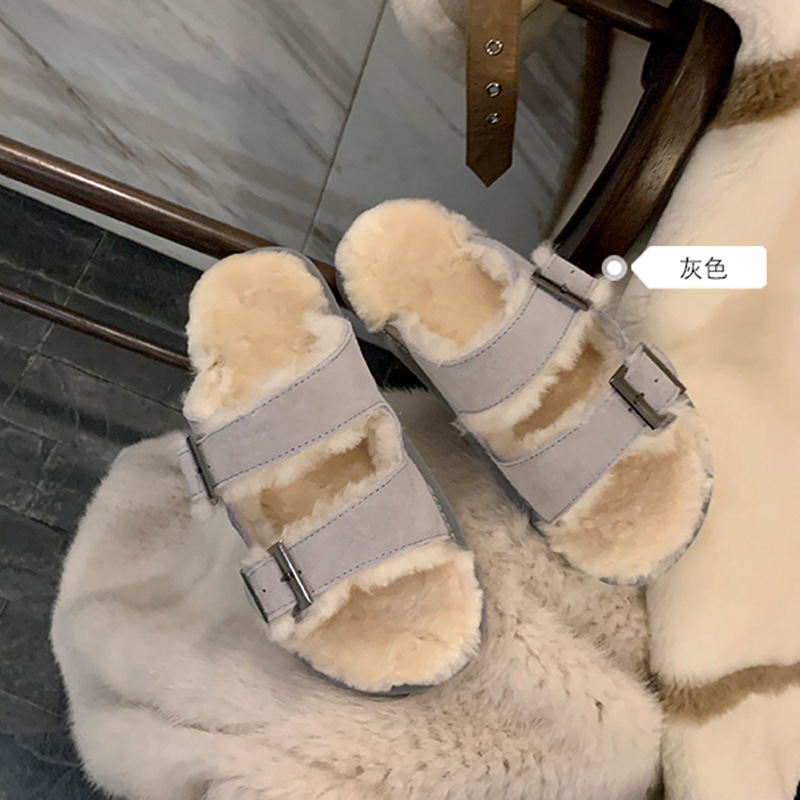 Ins Winter lambswool cork slippers women warm plush fur shoes woman thicken soled double belt buckle cotton slides mujer 2021