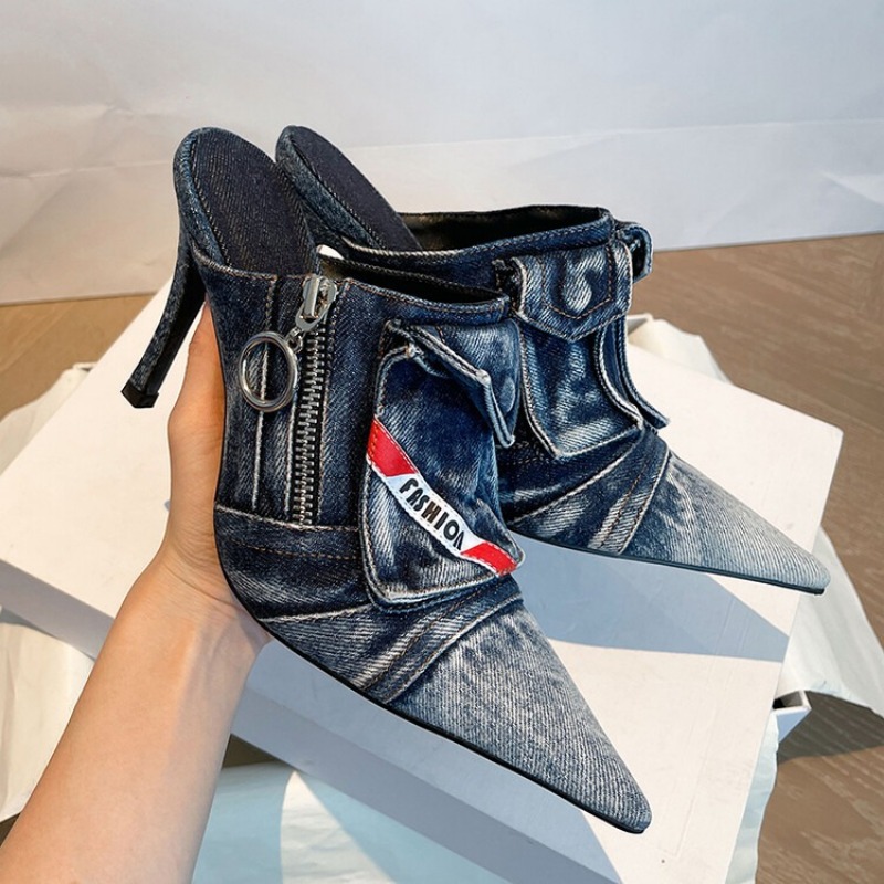 Pocket New Retro Side Zip Lady Slippers Pointy Toe Stiletto Patchwork Sexy Ladies High Heels New Washed Denim Sandals 7cb6