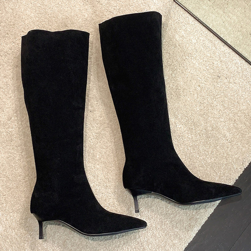 Leather Suede Knee Women Sexy Point Women's High Boots Black Beige Long Tall Shoes Ladies 2023 Autumn Winter ab09 's