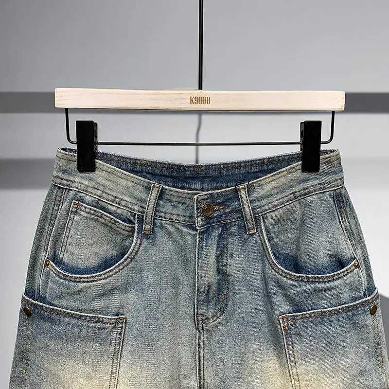 Summer Korean Luxury Clothing Vintage Mens Casual Denim Solid Knee Length Shorts with Vintage Large Pockets Blue Jeans for MenX240914