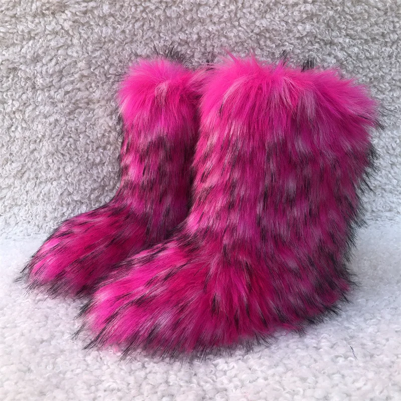Women Fluffy Faux Fox Woman Plush Warm Snow Boots Footwear Girls Furry Fur Bottes Fashion Winter Shoe