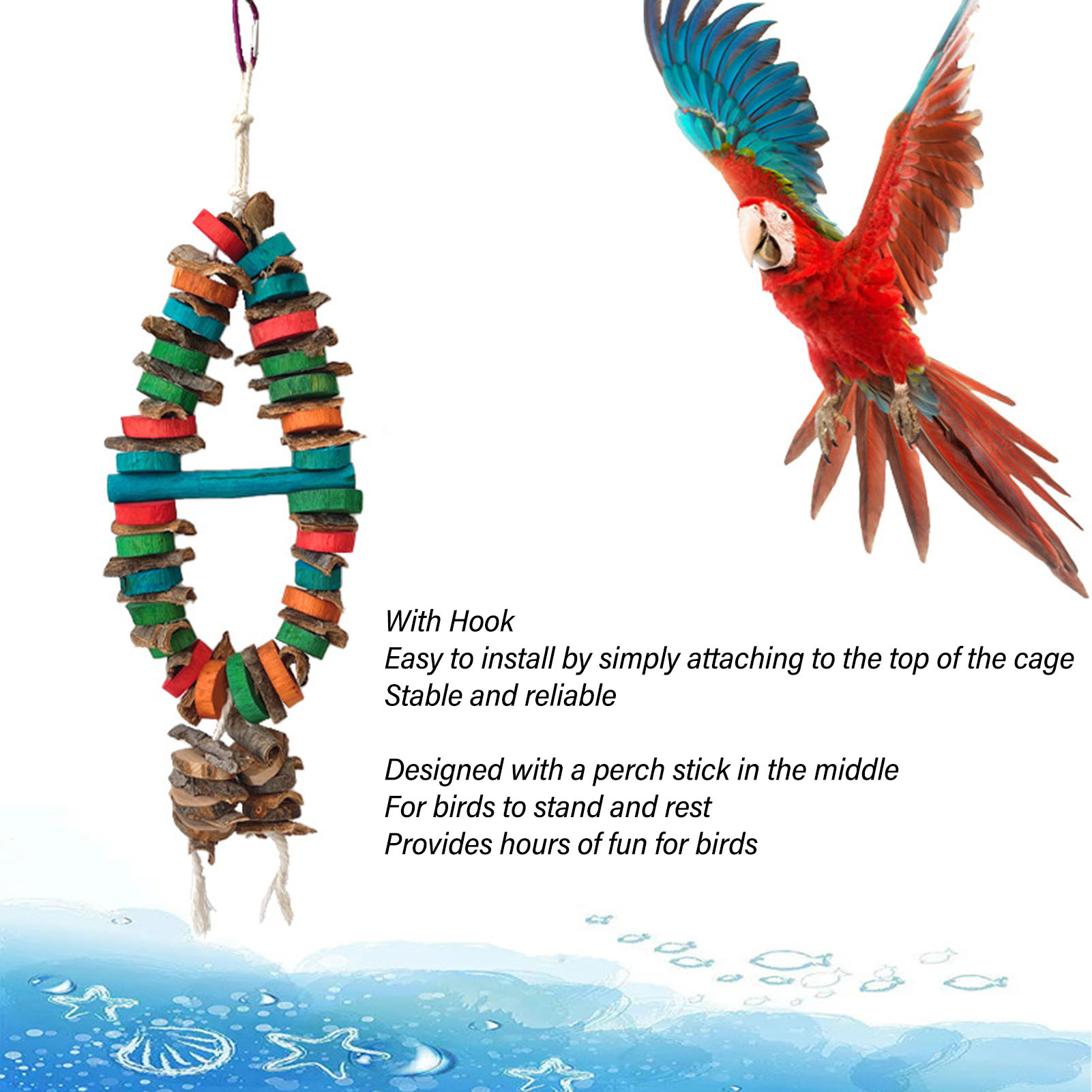 Bird Chewing Toy Beak Grinding Tear Resistant Wooden Bird Cage Toy With Hook For Medium Large Parrots