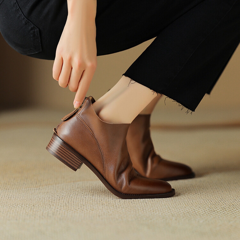 Autumn NEW Round Toe Low Heel Genuine Leather for Retro Zip Ankle Boots Winter Women Shoes d477
