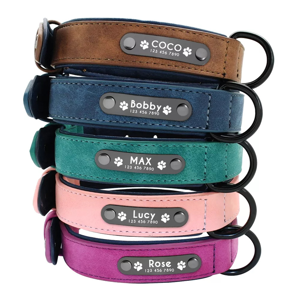 Luxury Adjustable Double Layer PU Leather Pet Collar Comfort Padded Waterproof Custom Name Tag Small Large Size Animal Pattern
