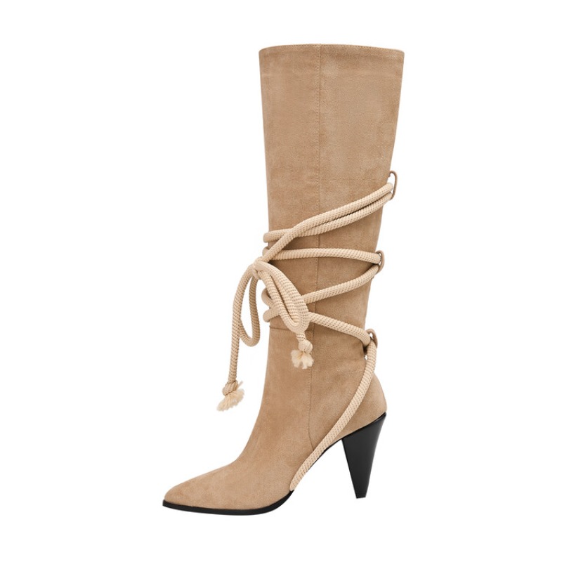 Solid Color Hemp Rope Cross Strap Pointed Thick Heeled Long Autumn Winter New Punk Rock Style Women Knee High Boots 35-46