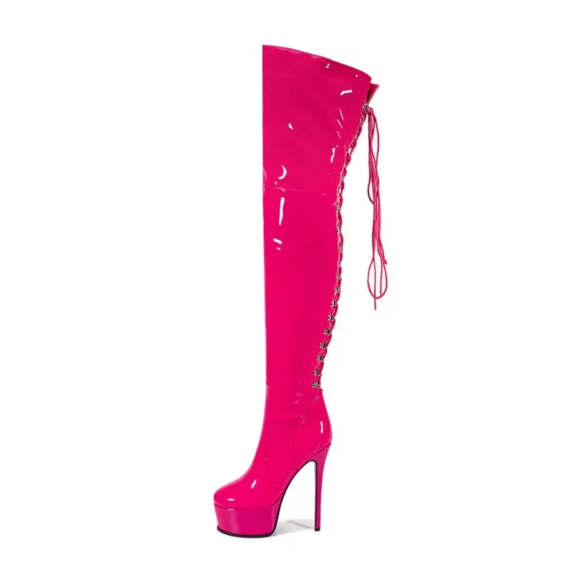New High-quality Metal Rivet Cross Strap Over The Knee Sexy Hot Girl Pole Dance 15cm High Heel Motorcycle Boots Size 35-48