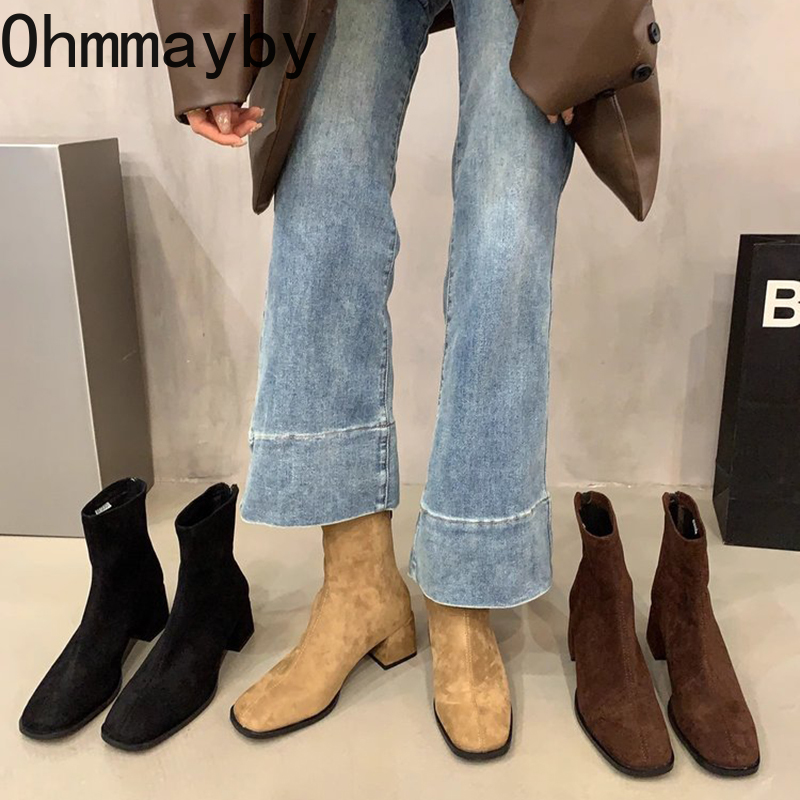 Women Vintage Slim Ankle Boots Fashion Elegant Square Toe Shoes Autumn High Heel Women's Short Booties 9048 's