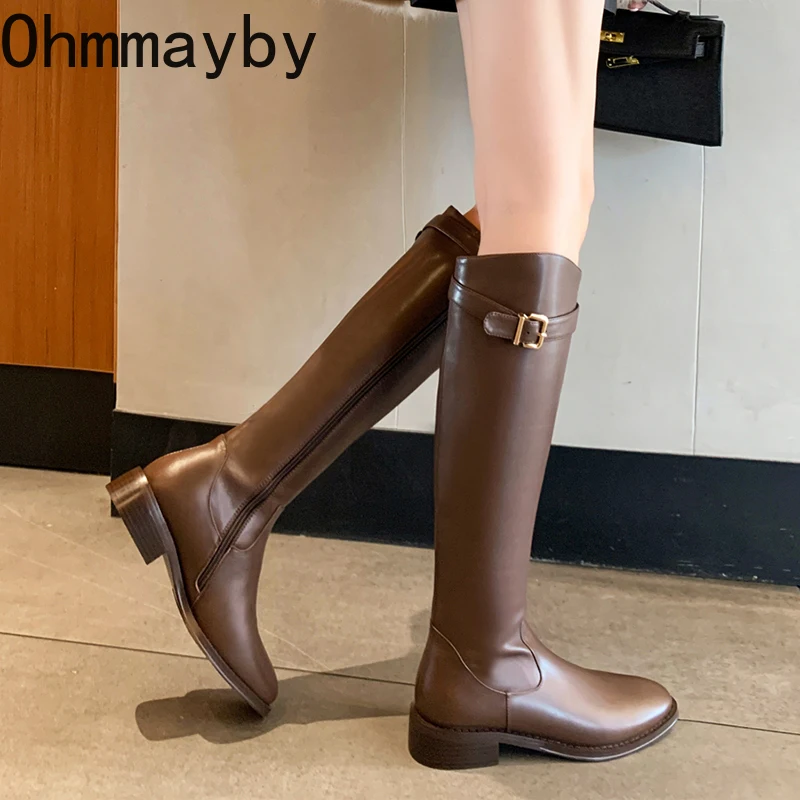 Vintage Women Slim Knee-High Boots Fashion Belt Buckle Shoes Autumn Winter Low Heel Ladies Stretch Modern Long Booties