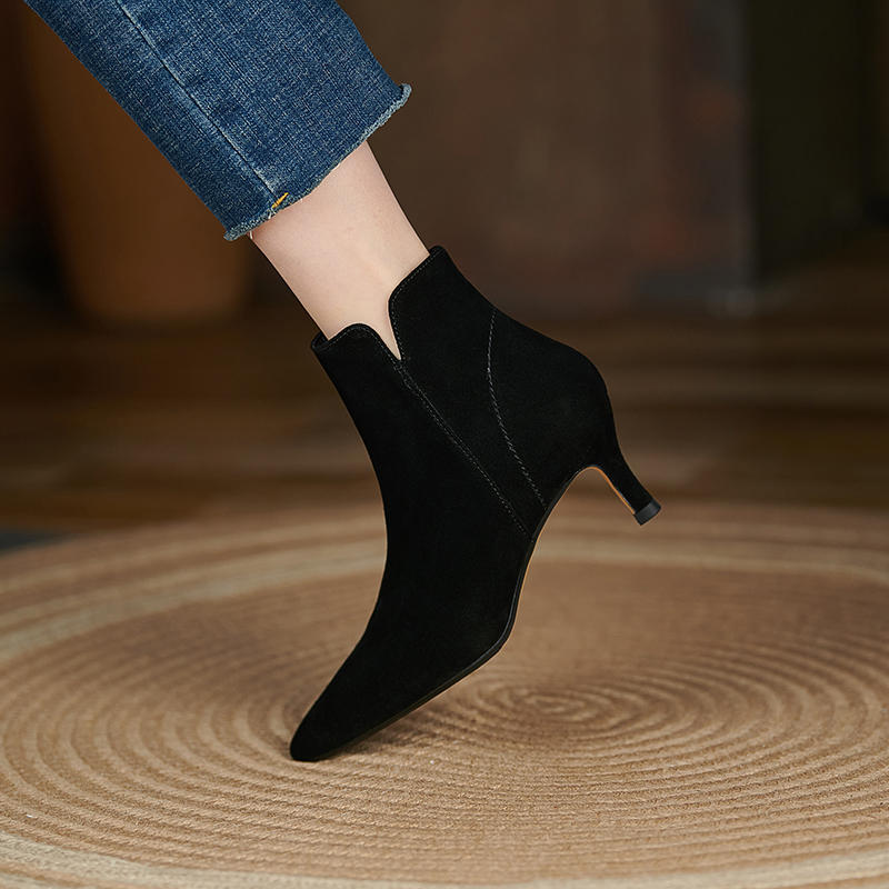 2024 New Autumn Winter Boot Genuine Leather Ankle Fashion Women Shoes Pointed Toe Stiletto High Heels Modern Boots c056