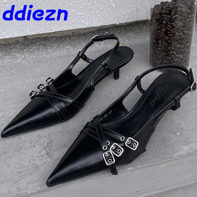New Metal Fashion Buckle Footwear Black Women Medium 4CM Heels New 2024 Female Shallow Pumps Ladies Heeled Casual Shoes ea92