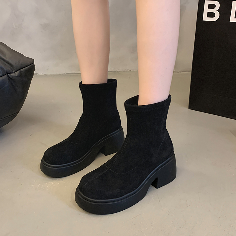 Lady Shoes Boots Clogs Platform Winter Footwear Boots-Women Round Toe High Heel Rock Lolita 2023 Autumn Ankle Rubber Solid Cott 6486 -Women