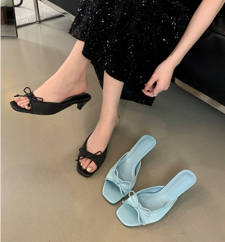 Shoes New Low Thin Heels Woman's Slippers Square Toe Slides Butterfly-Knot 2024 Butterfly-knot Rubber Fabric Silk PU Rome Hoof aa4a